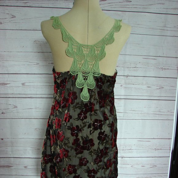 Floral Velvet Burn Out Burgundy Green Lace Dress L - Picture 3 of 16